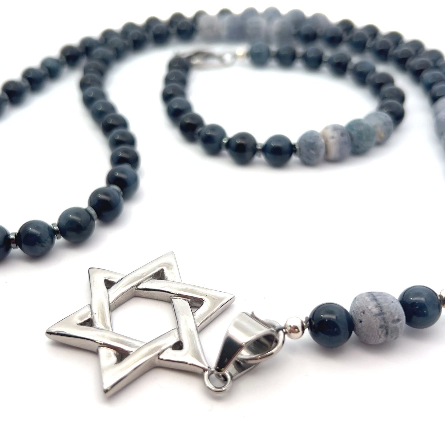 Rosary-Grey Tiger Eye & Blue Coral with Star of David Pendant