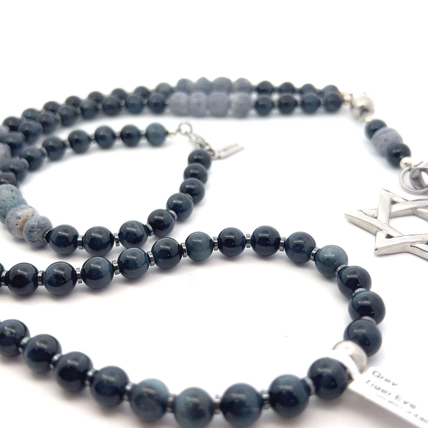 Rosary-Grey Tiger Eye & Blue Coral with Star of David Pendant