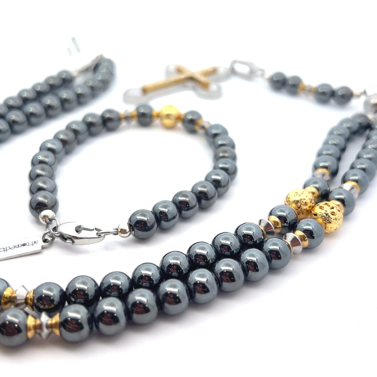 Rosary Handmade - Handcrafted - Semiprecious Stone Hematite & Lava gold plated