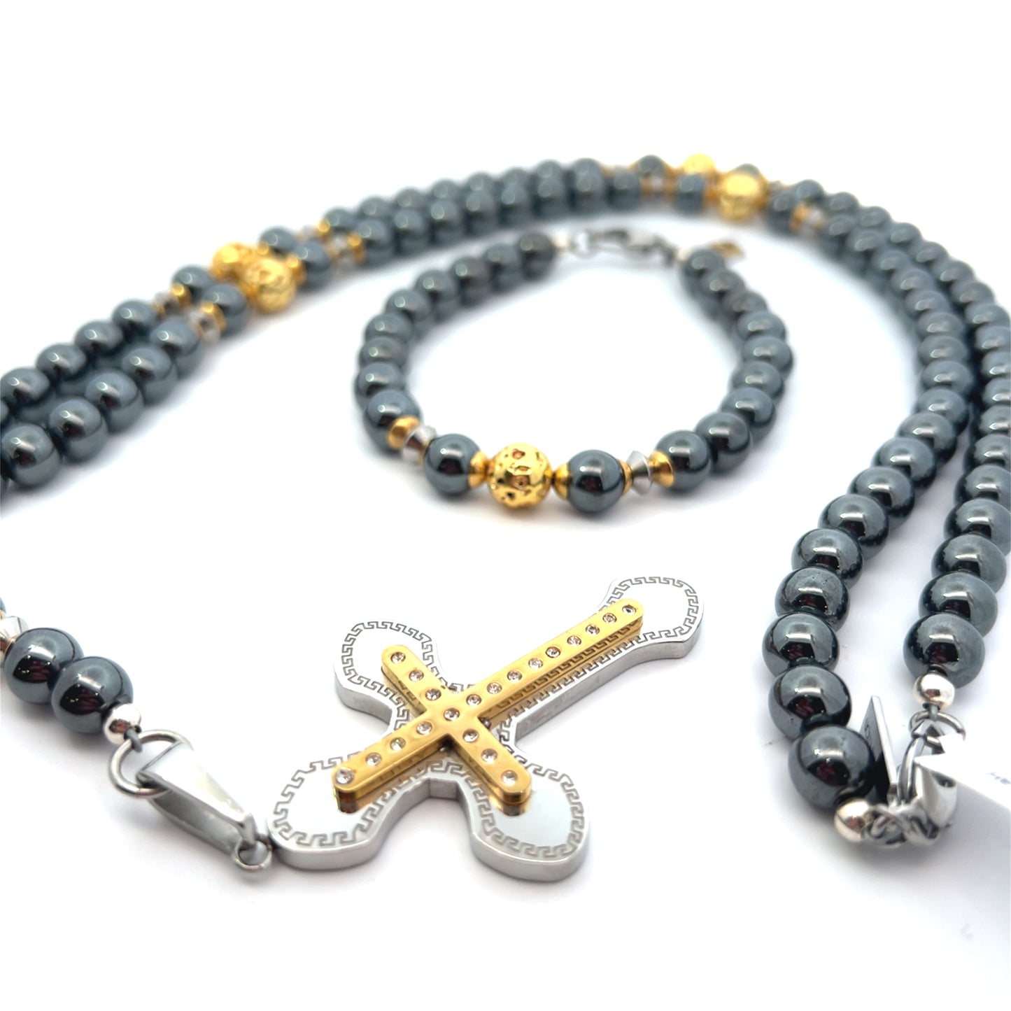 Rosary Handmade - Handcrafted - Semiprecious Stone Hematite & Lava gold plated