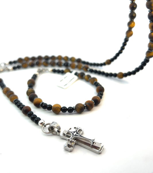 Rosary Handmade - Handcrafted - Semiprecious Stones Hematite, Tiger Eye and Onyx