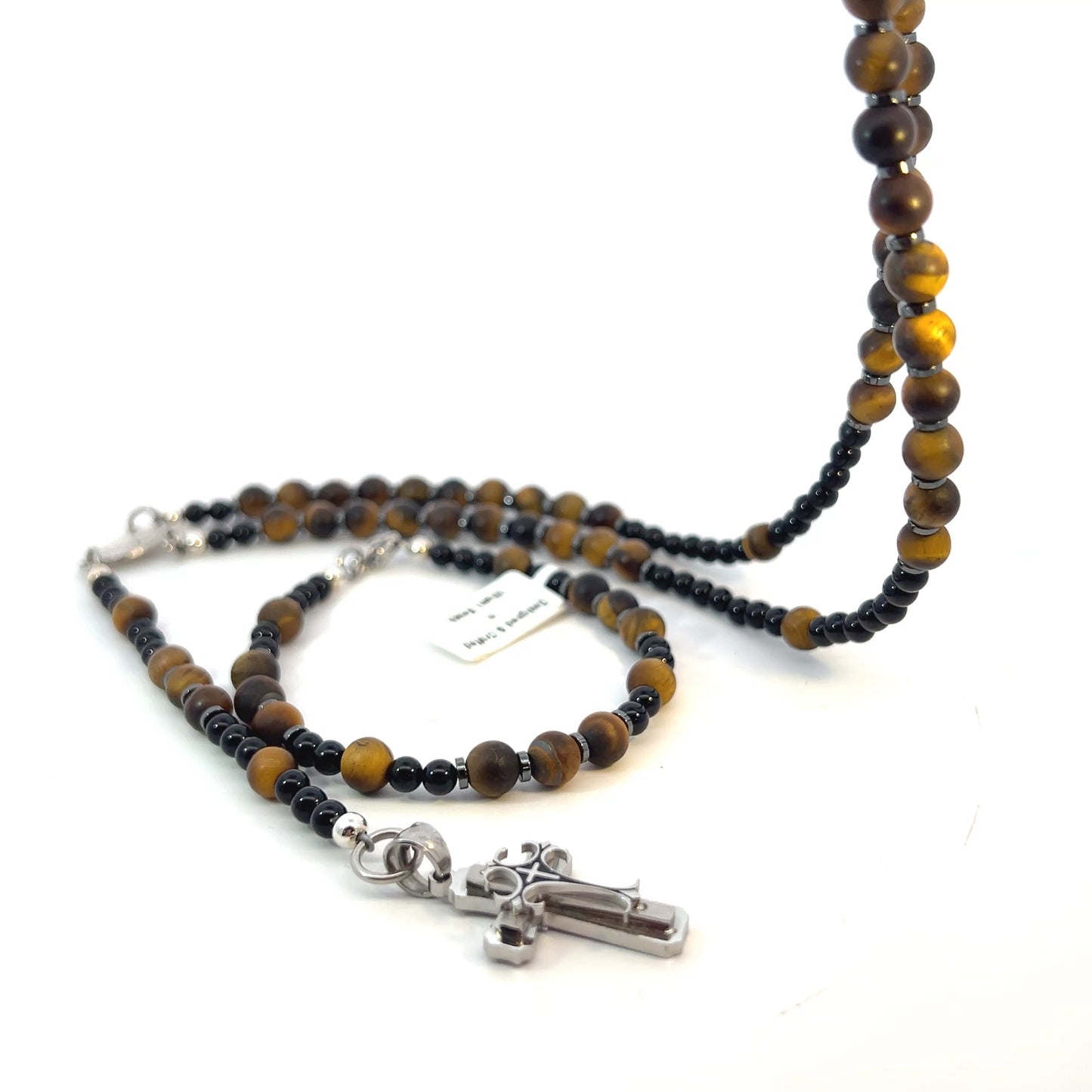 Rosary Handmade - Handcrafted - Semiprecious Stones Hematite, Tiger Eye and Onyx