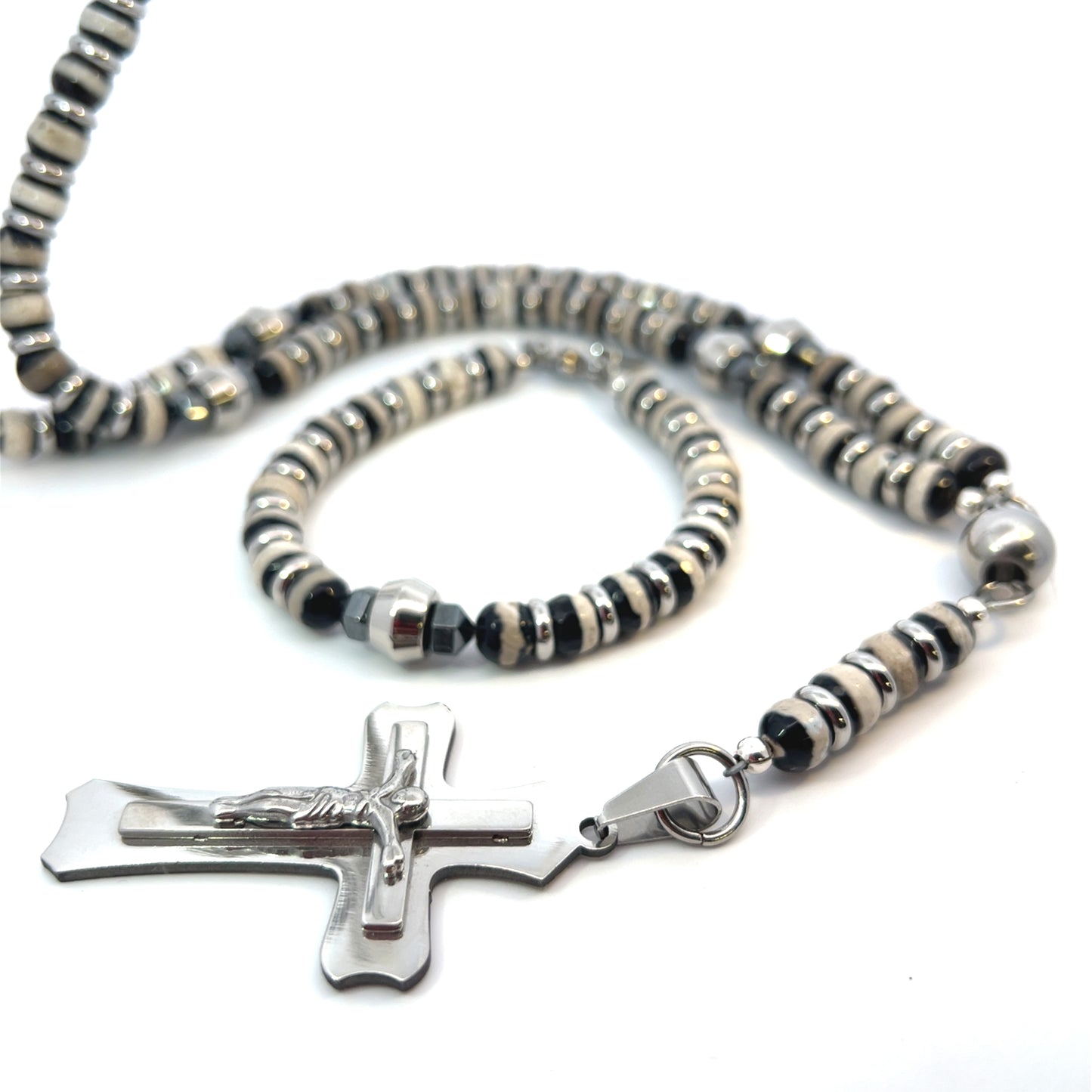 Rosary Handmade - Handcrafted - Semiprecious Stone Black Banded Agate & Hematite