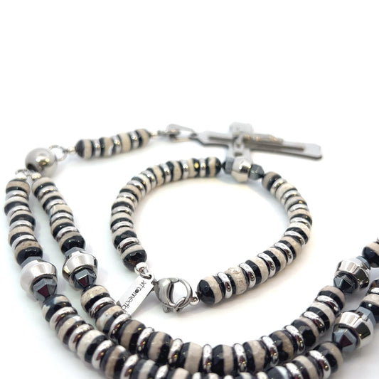 Rosary Handmade - Handcrafted - Semiprecious Stone Black Banded Agate & Hematite