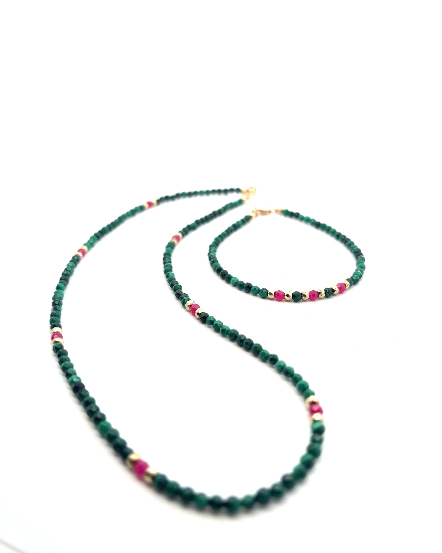 Semi-Precious Stone Set - Malachite and Pink Ruby Set with Gold Plated Hematite