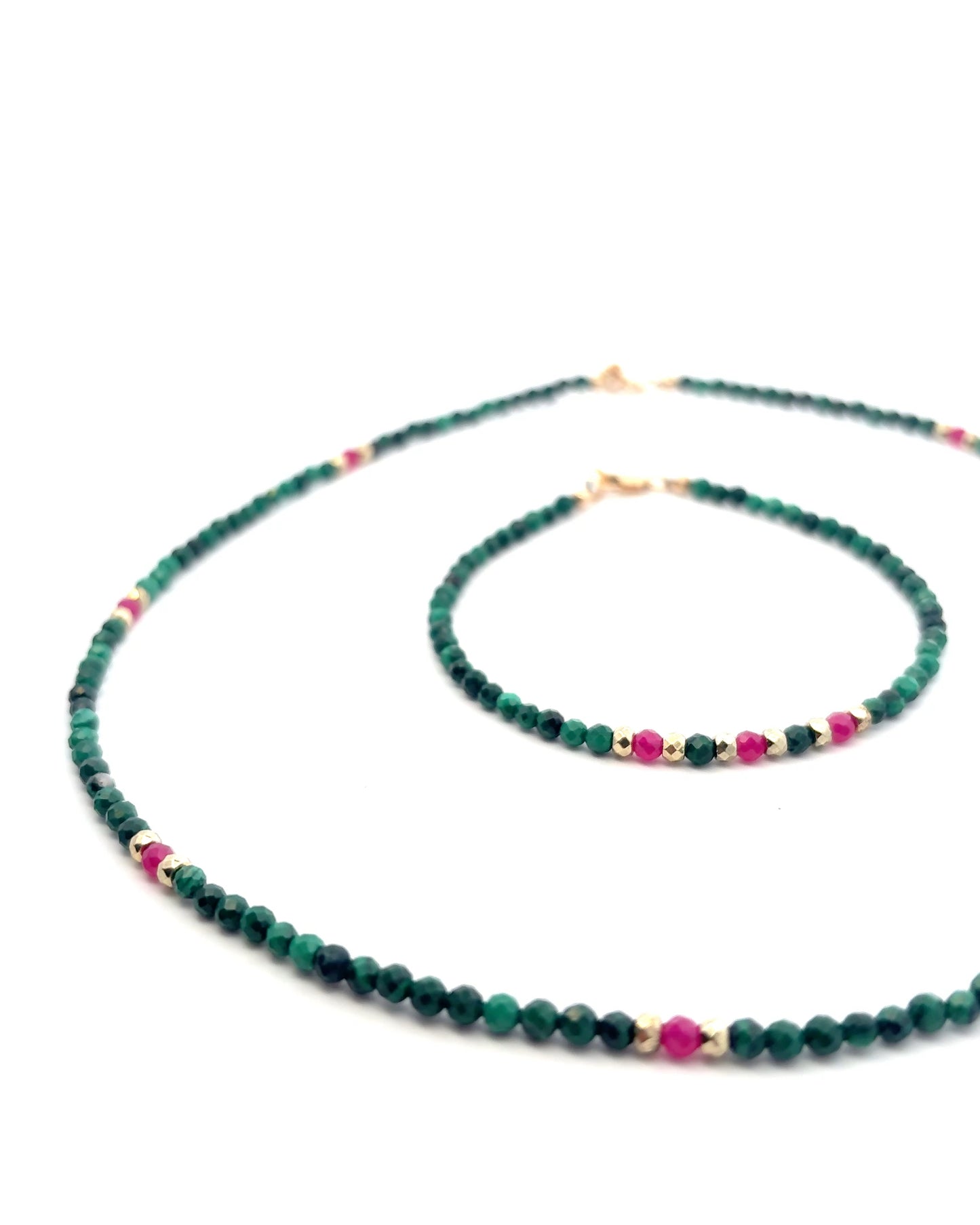 Semi-Precious Stone Set - Malachite and Pink Ruby Set with Gold Plated Hematite
