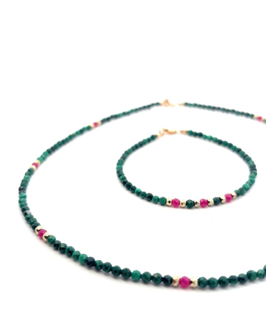 Semi-Precious Stone Set - Malachite and Pink Ruby Set with Gold Plated Hematite
