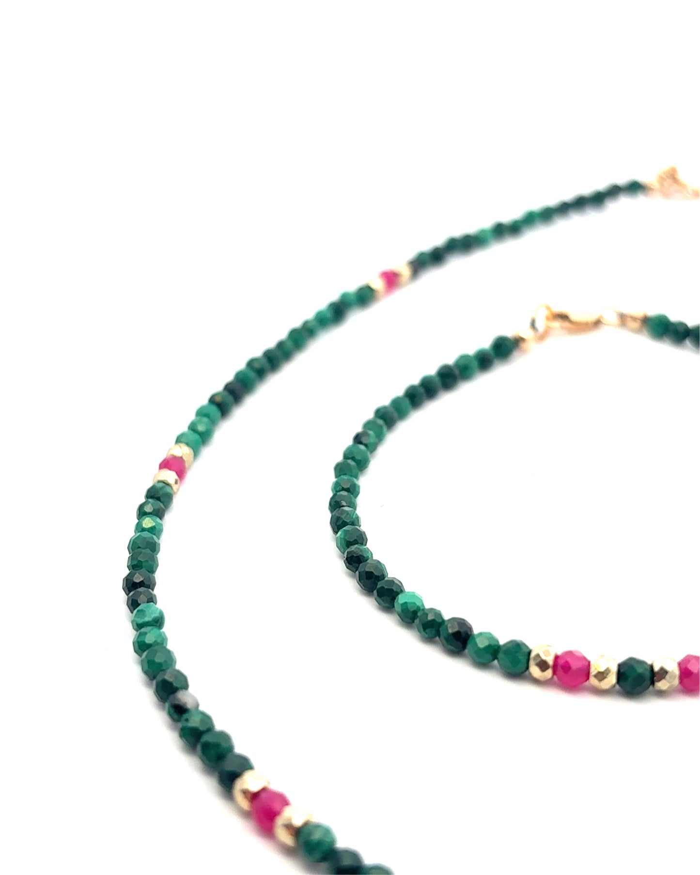 Semi-Precious Stone Set - Malachite and Pink Ruby Set with Gold Plated Hematite