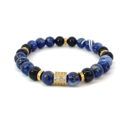 Bead Bracelet - Lapis Lazuli, Onyx and Gold Plated Spacers with Gold Plated Pave Center Piece - Bachi Jewels