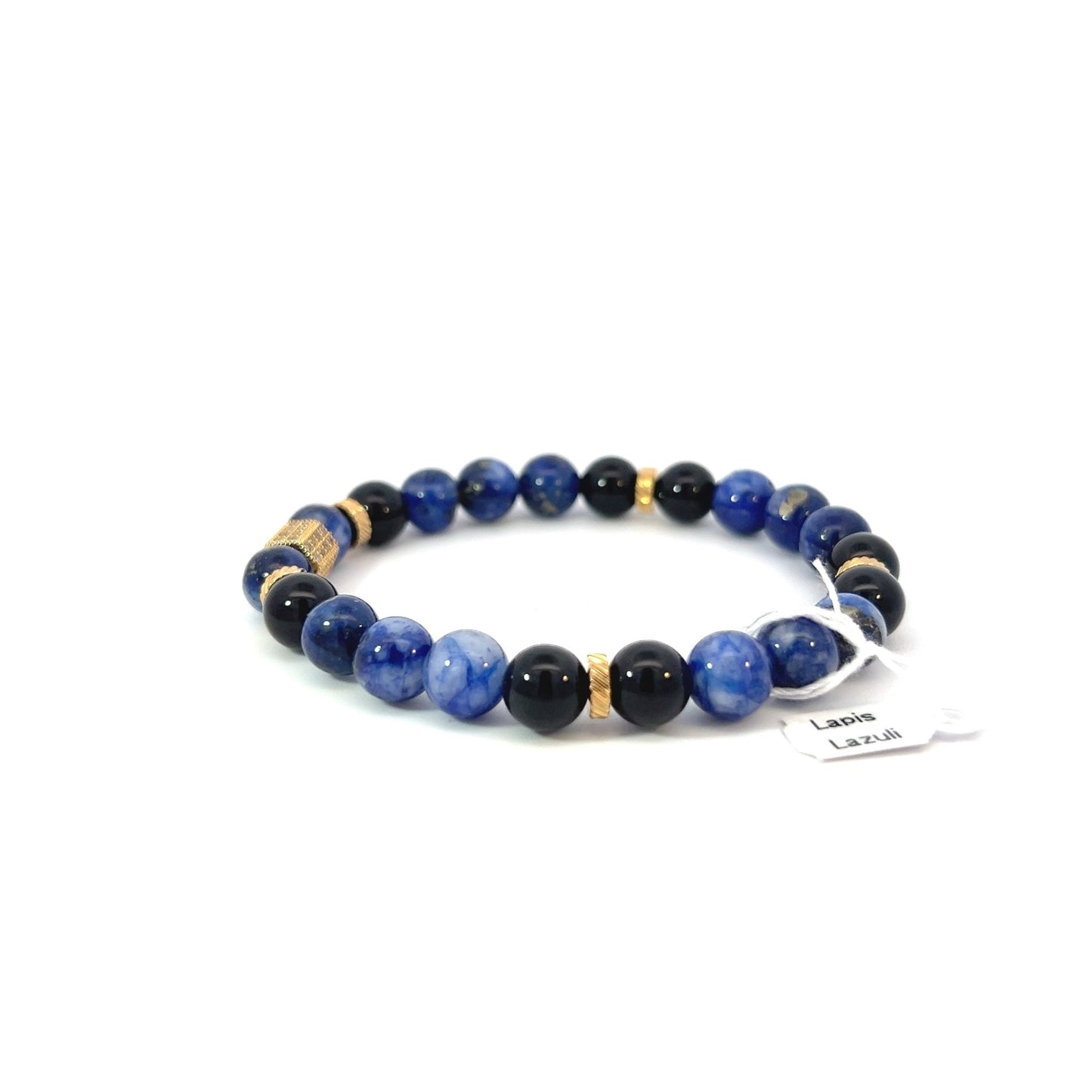 Bead Bracelet - Lapis Lazuli, Onyx and Gold Plated Spacers with Gold Plated Pave Center Piece - Bachi Jewels