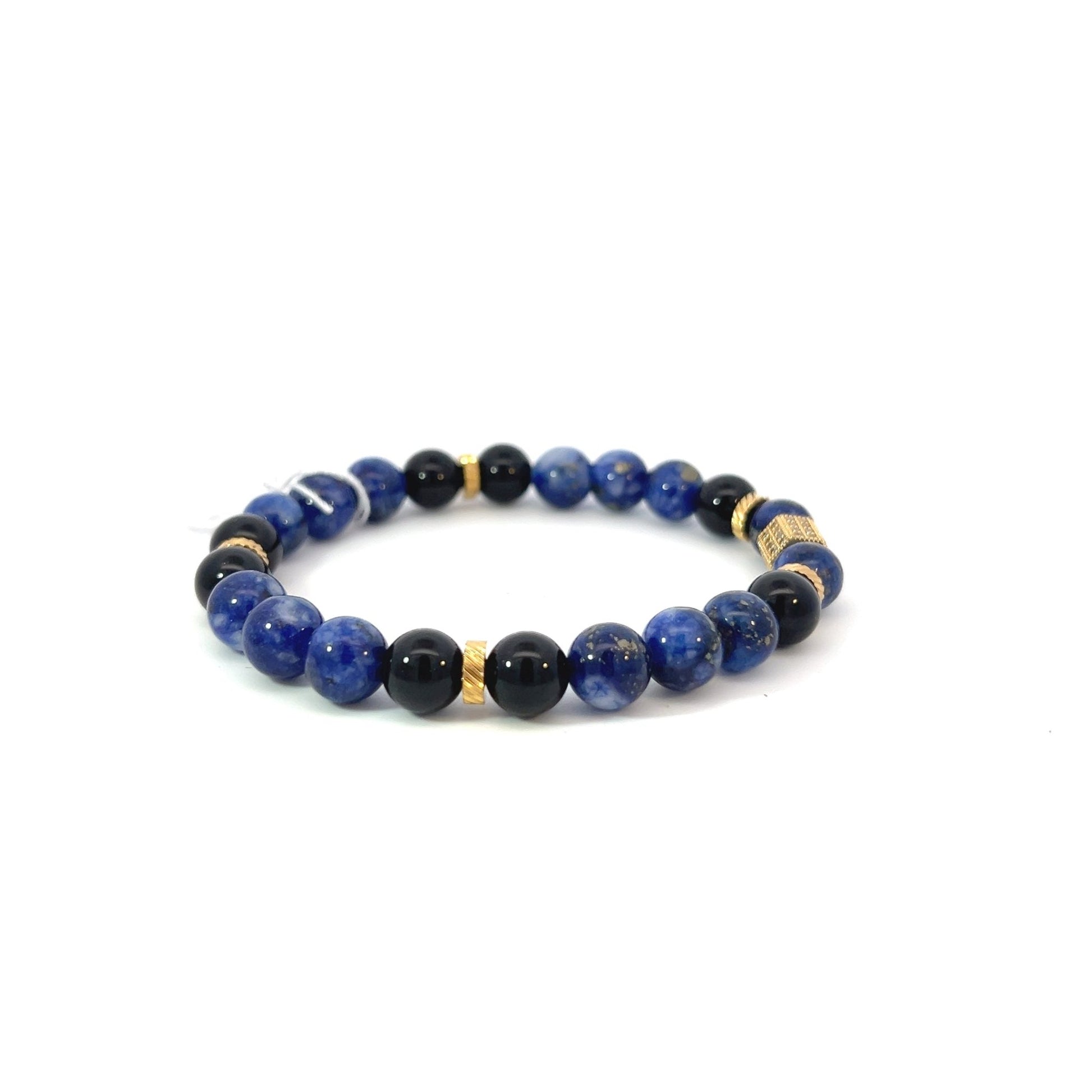 Bead Bracelet - Lapis Lazuli, Onyx and Gold Plated Spacers with Gold Plated Pave Center Piece - Bachi Jewels