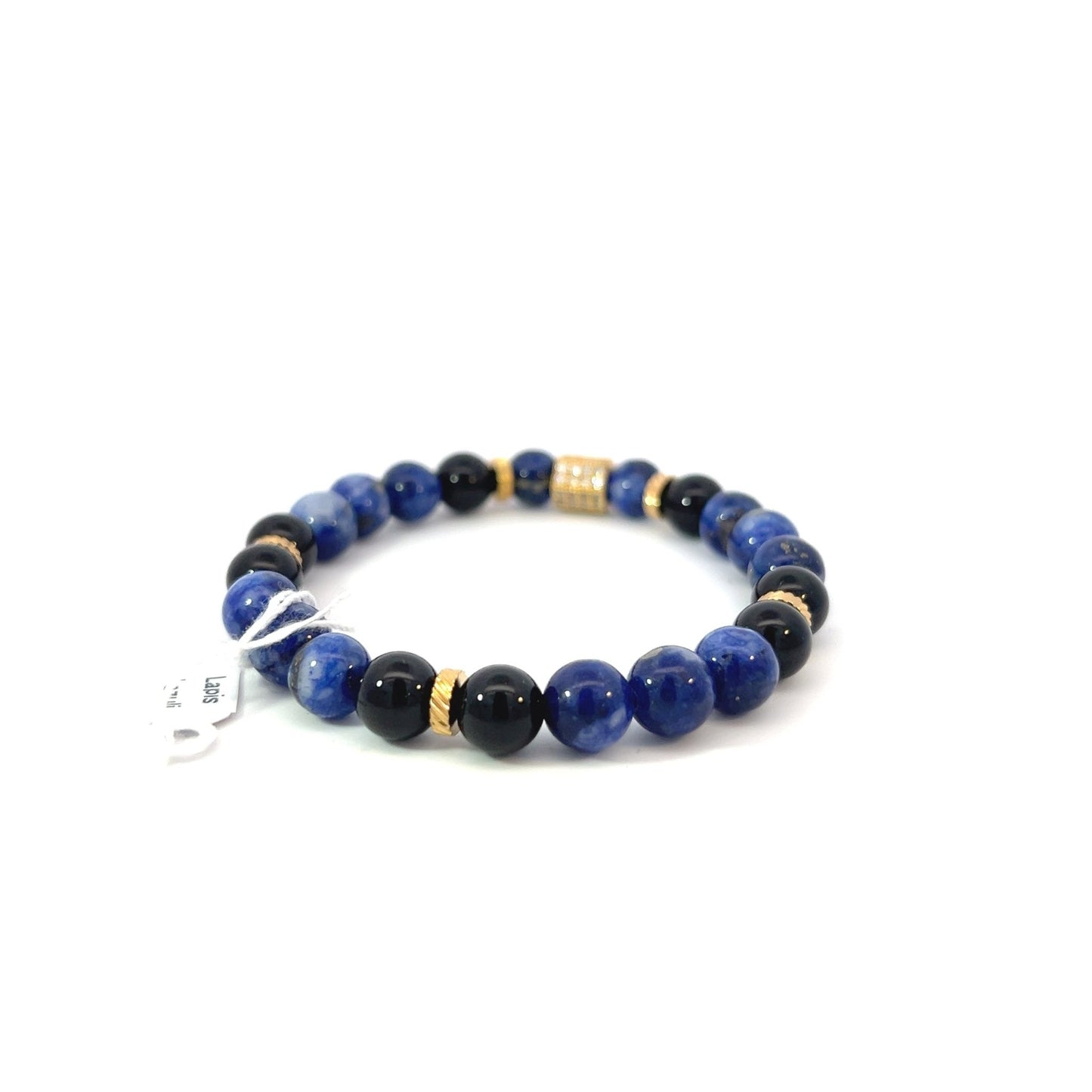 Bead Bracelet - Lapis Lazuli, Onyx and Gold Plated Spacers with Gold Plated Pave Center Piece - Bachi Jewels