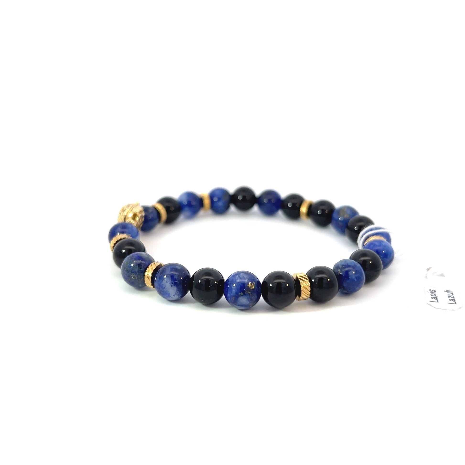 Bead Bracelet - Lapis Lazuli, Onyx and Gold Plated Spacers with Gold Plated Pave Panther Center Piece - Bachi Jewels