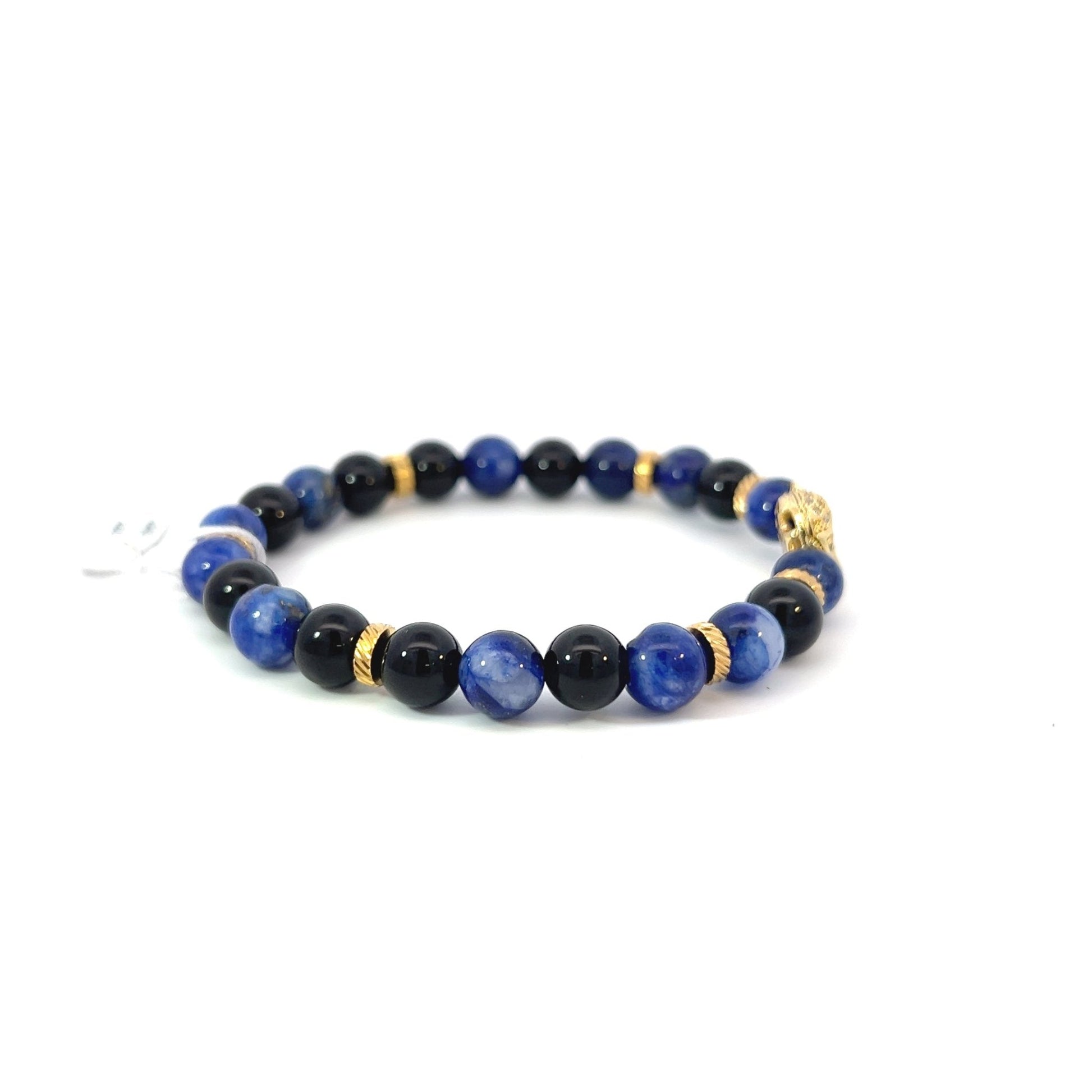 Bead Bracelet - Lapis Lazuli, Onyx and Gold Plated Spacers with Gold Plated Pave Panther Center Piece - Bachi Jewels