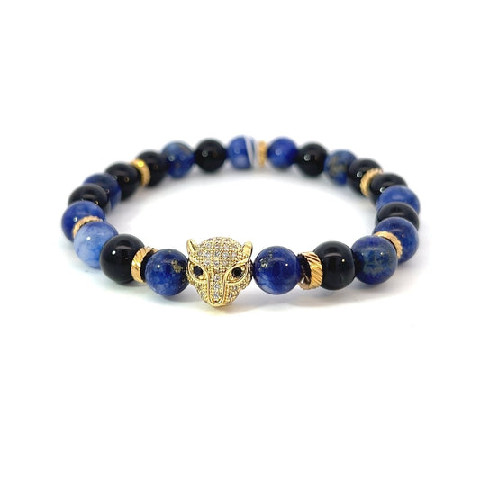 Bead Bracelet - Lapis Lazuli, Onyx and Gold Plated Spacers with Gold Plated Pave Panther Center Piece - Bachi Jewels