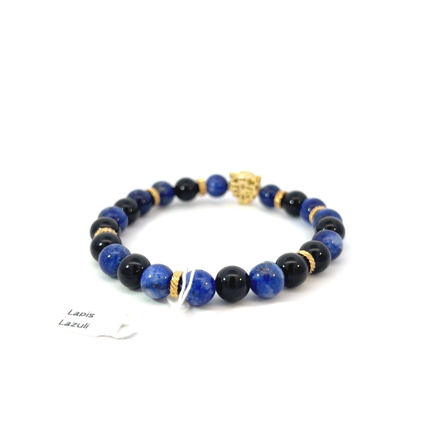 Bead Bracelet - Lapis Lazuli, Onyx and Gold Plated Spacers with Gold Plated Pave Panther Center Piece - Bachi Jewels