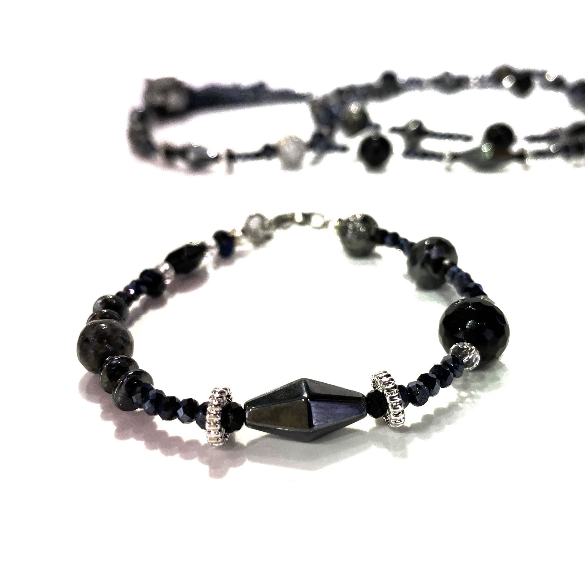 Bead Bracelet - Lava, Hematite & Onyx 7.5 inch long - Bachi Jewels