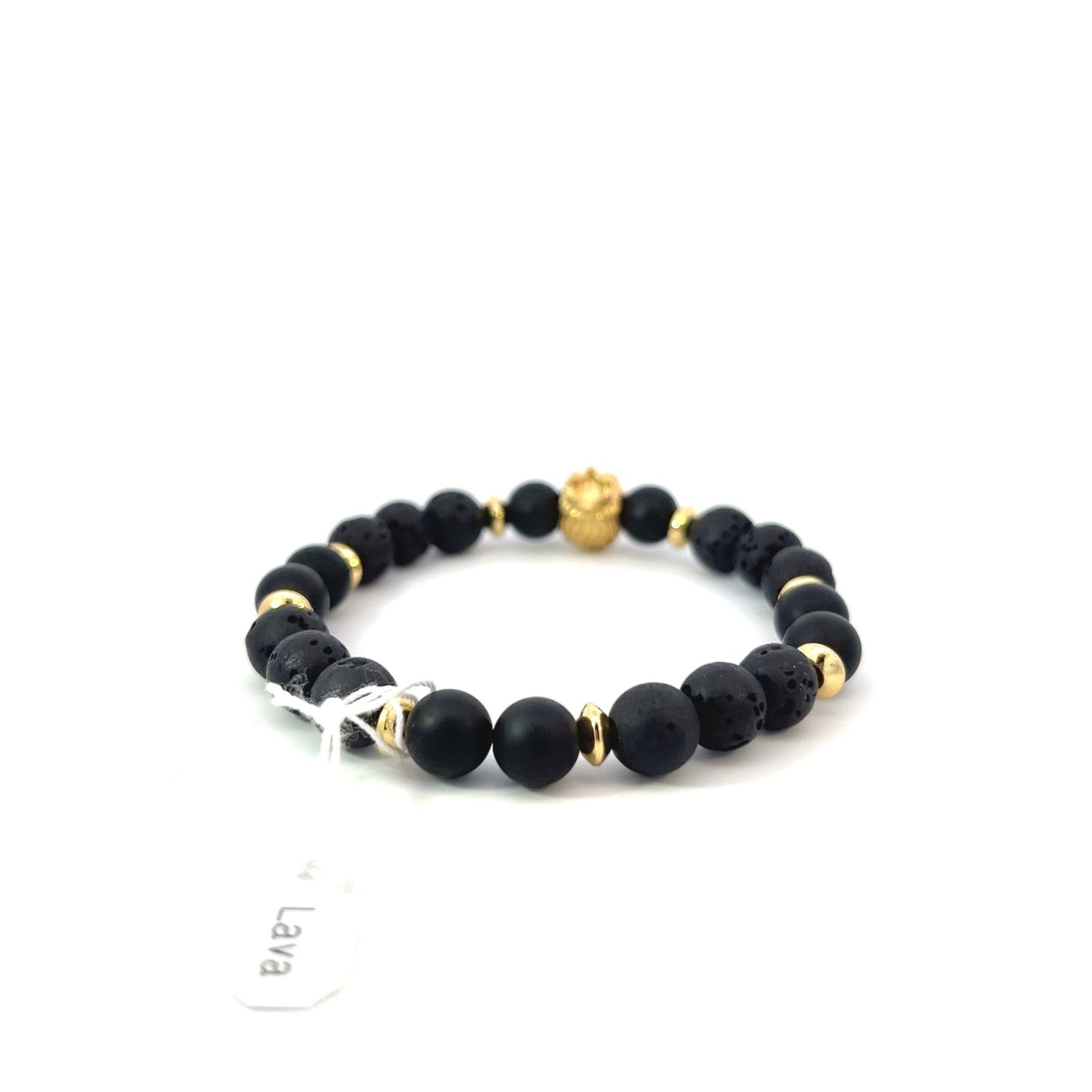 Bead Bracelet - Lava, Matte Onyx and Gold Plated Spacers with Gold Plated Lion with a Crown - Bachi Jewels