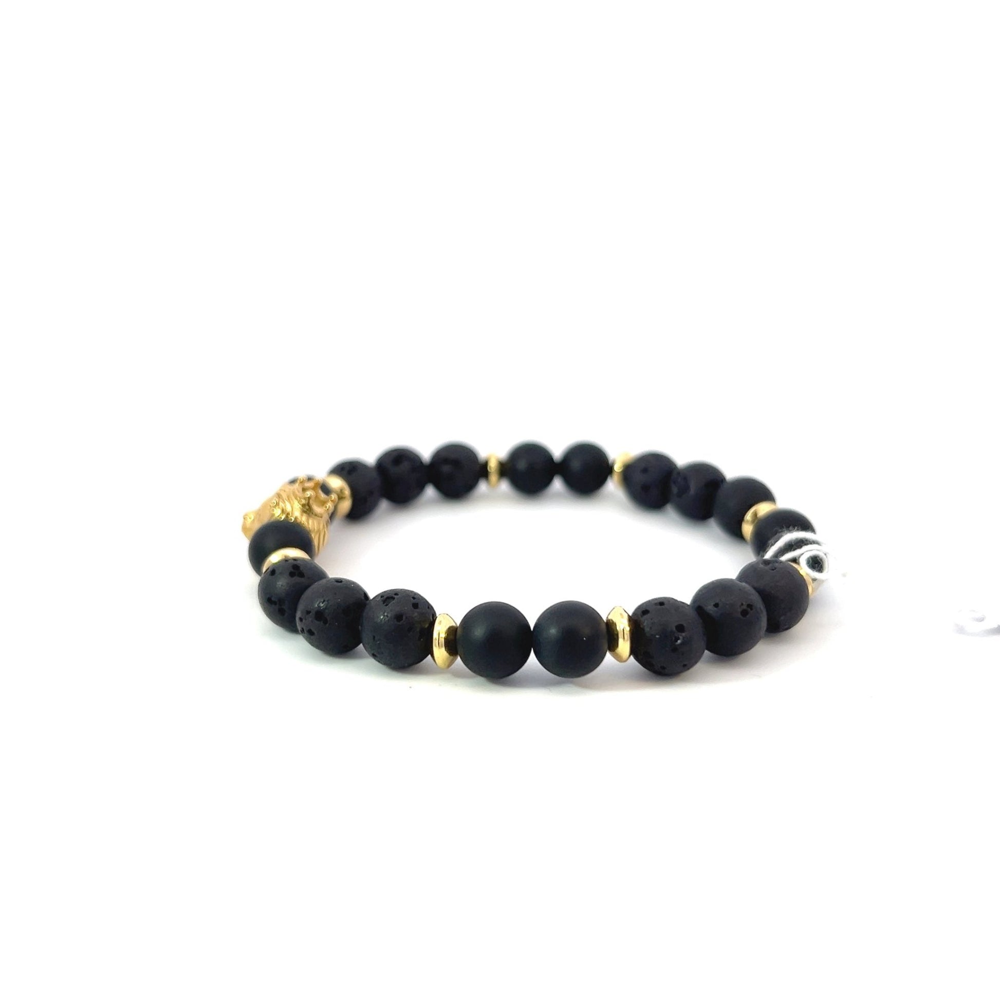 Bead Bracelet - Lava, Matte Onyx and Gold Plated Spacers with Gold Plated Lion with a Crown - Bachi Jewels