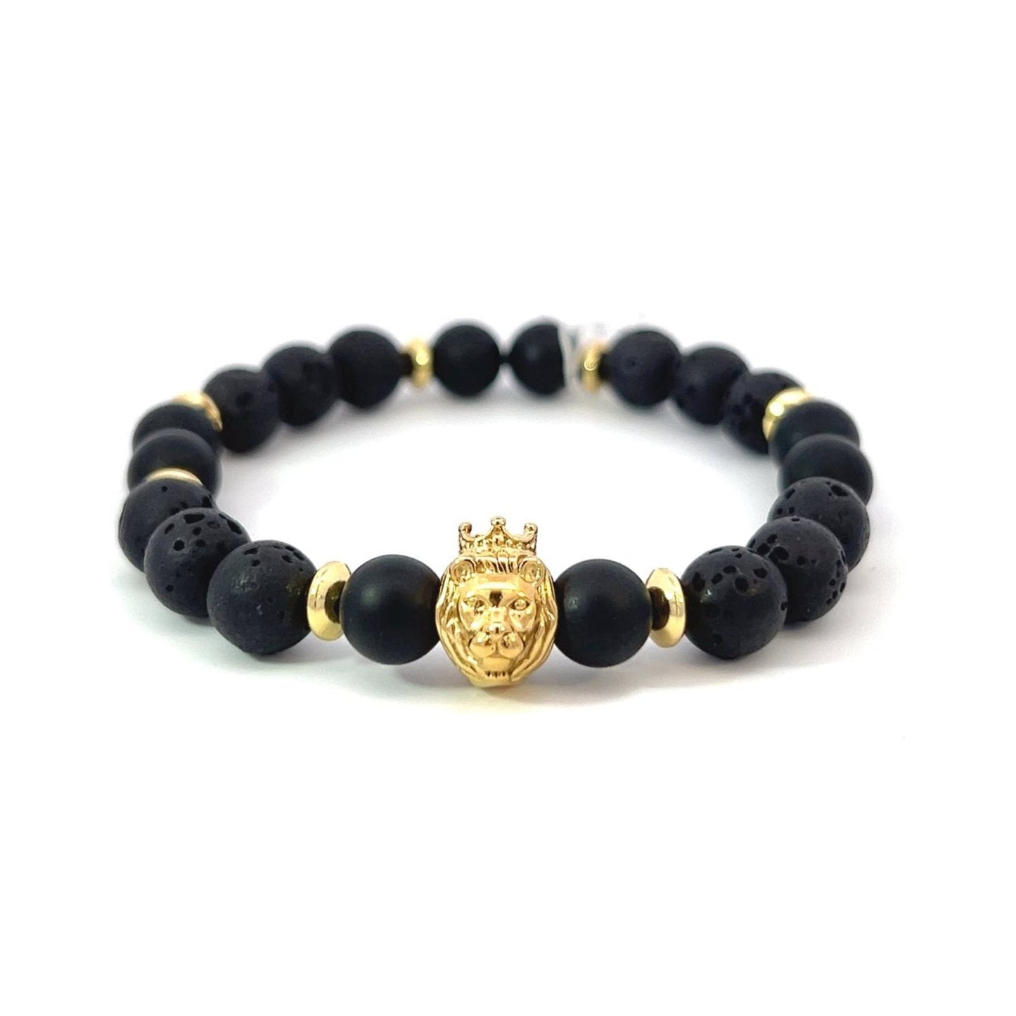 Bead Bracelet - Lava, Matte Onyx and Gold Plated Spacers with Gold Plated Lion with a Crown - Bachi Jewels