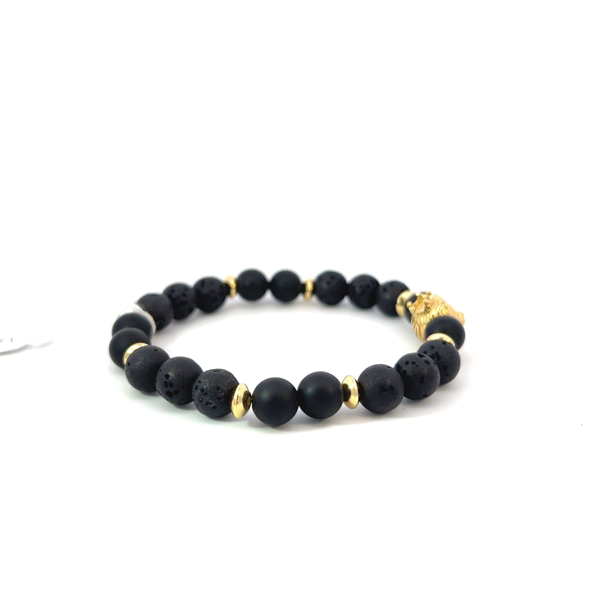 Bead Bracelet - Lava, Matte Onyx and Gold Plated Spacers with Gold Plated Lion with a Crown - Bachi Jewels