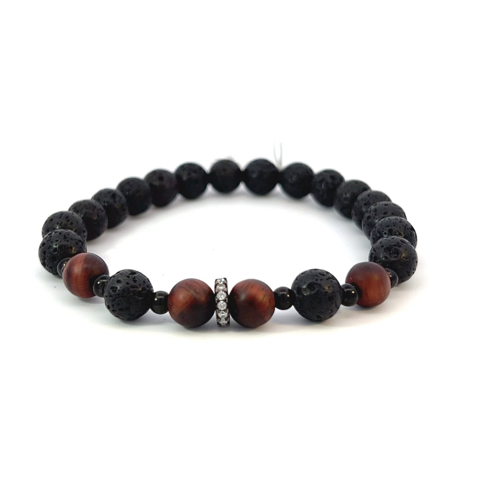 Bead Bracelet - Matte Red Tiger Eye and Lava with Pave Spacer - Bachi Jewels