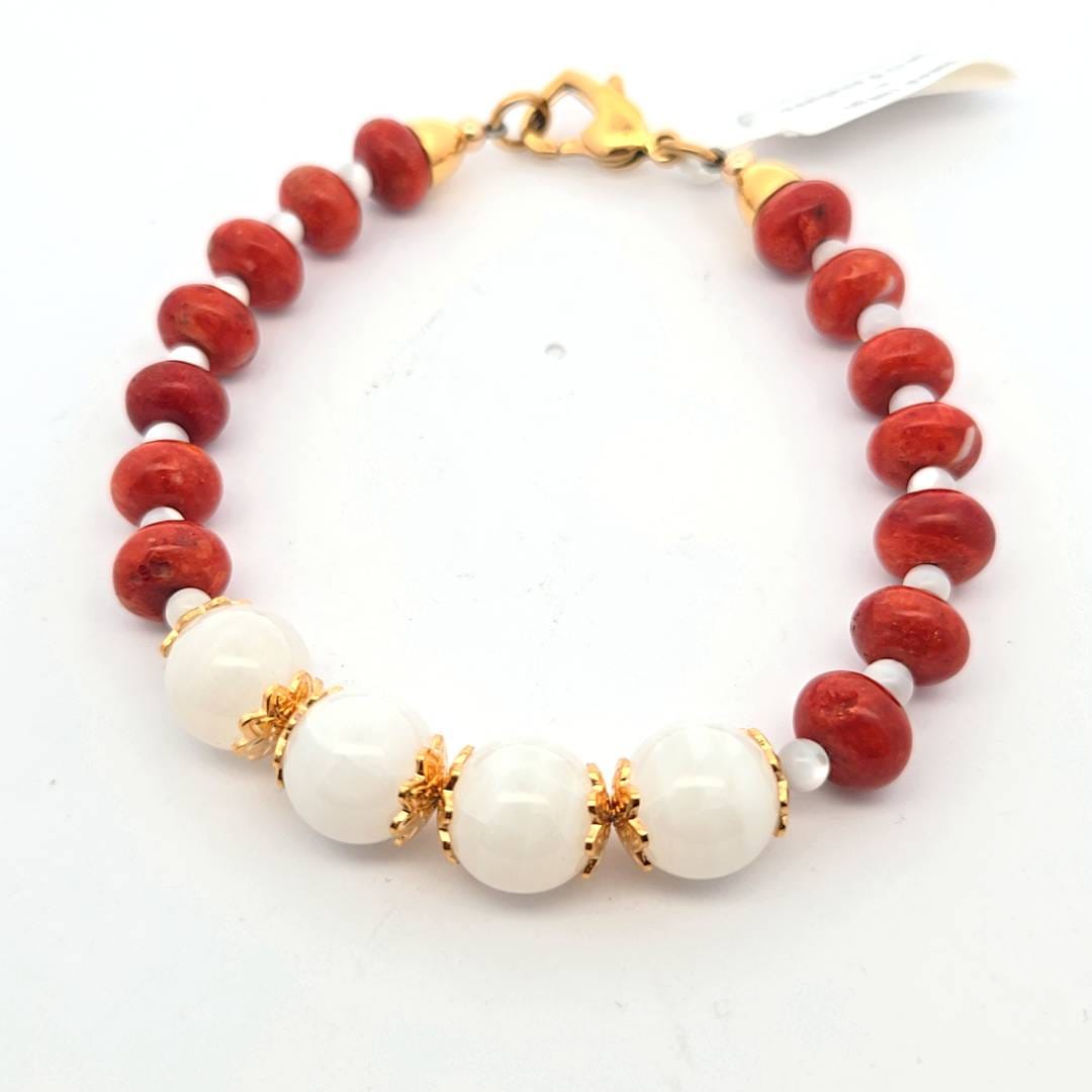 Bead Bracelet - Mother of Pearl & Red Coral Bracelet 7.5in - Bachi Jewels