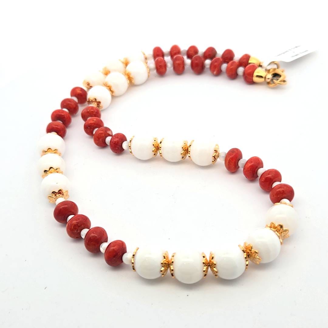 Bead Bracelet - Mother of Pearl & Red Coral Bracelet 7.5in - Bachi Jewels