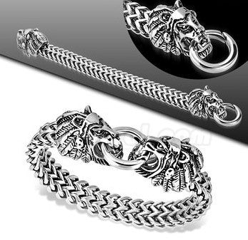 Bracelet Steel 2-Tone Twin Lions Head Toggle End Cap W/ Spring Clasp Lock