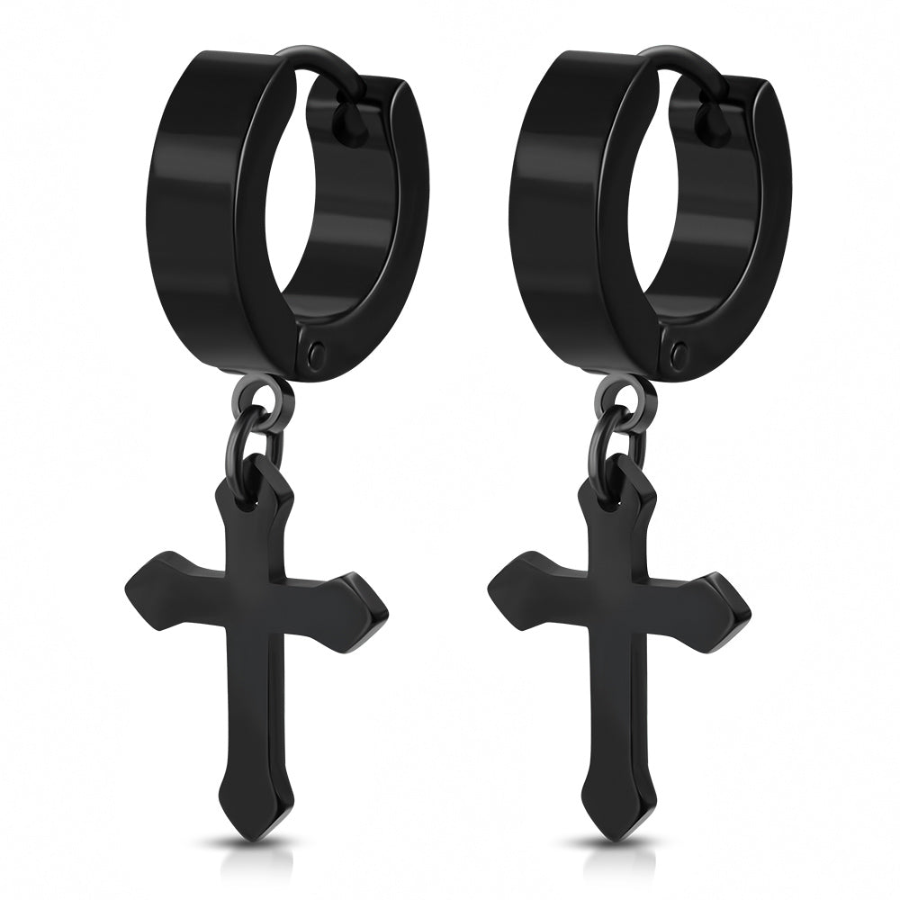 Earrings Black Stainless Steel Medieval Cross Drop Hoop Huggie (Pair)