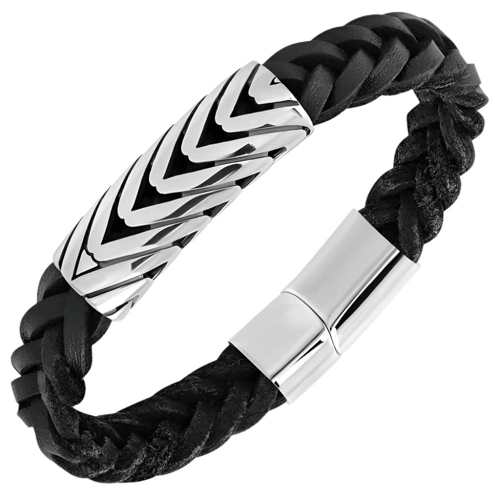 Leather Bracelet - Black Braided Leather Bracelet W/ Stainless Steel Magnetic Slide Clasp Lock