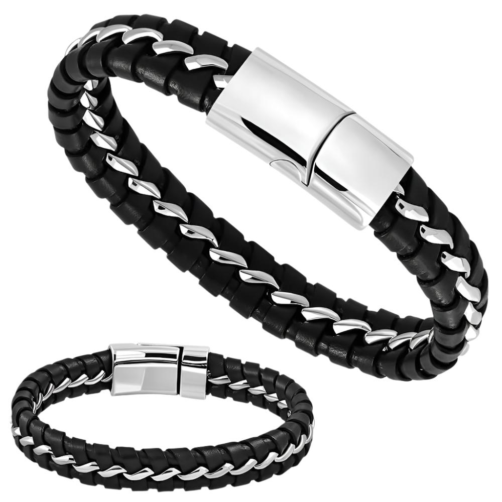 Leather Bracelet - W/ Stainless Steel Magnetic Slide Clasp Lock-BGO579