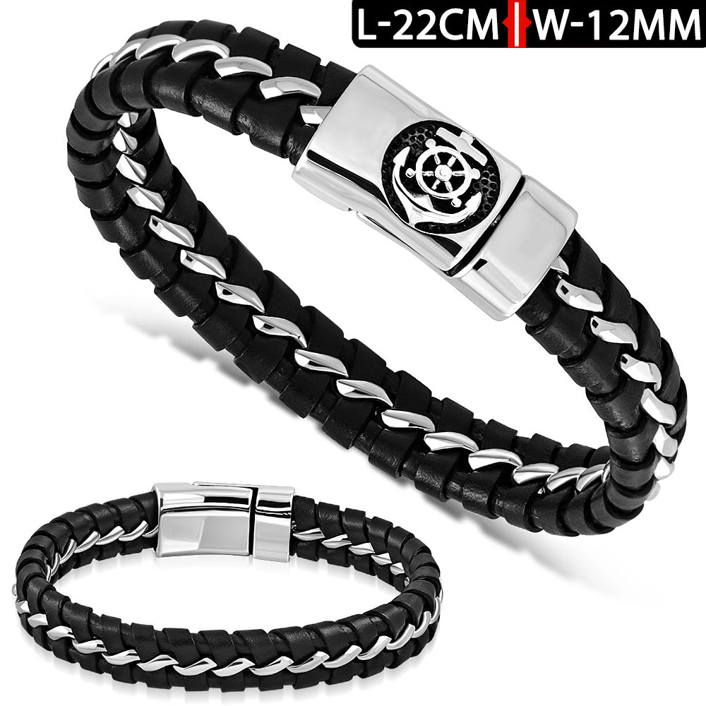 Leather Bracelet - W/ Stainless Steel 2-Tone Marine Anchor Watch-Style Magnetic Lock