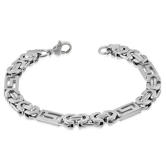 Bracelet Steel - Lobster Claw Clasp Closure Cut-Out Greek Key Byzantine Link Chain