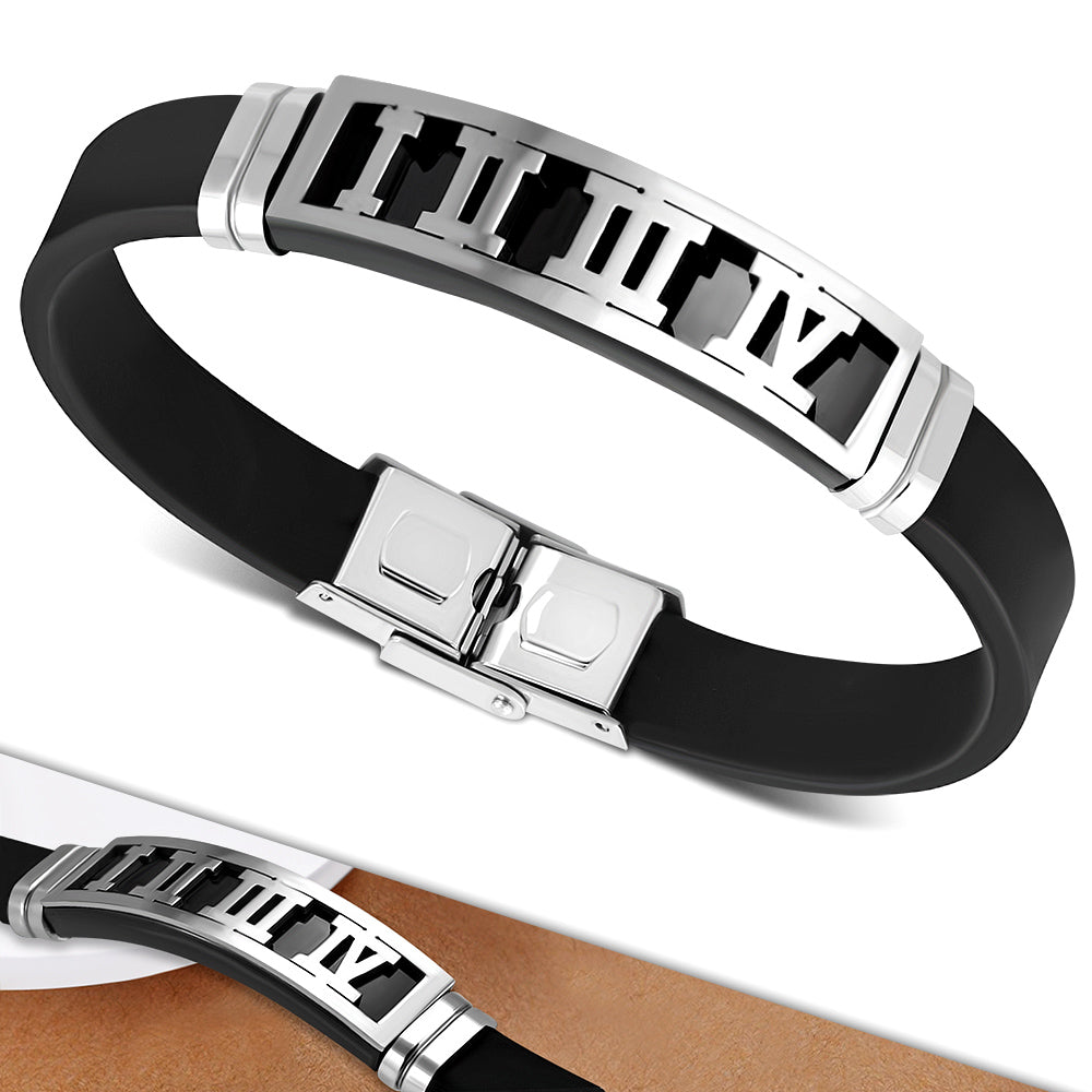 Bracelet - Steel 2-Tone W/ Black Rubber Roman Numberal Watch-Style