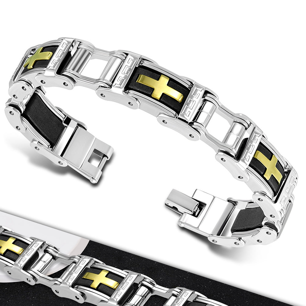 Bracelet - Steel W/ Black Rubber 3-Tone Greek Key Latin Cross Bike Link