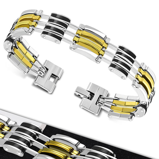 Bracelet - Steel W/ Black Rubber 3-Tone Cut-Out Geometric Mens Link