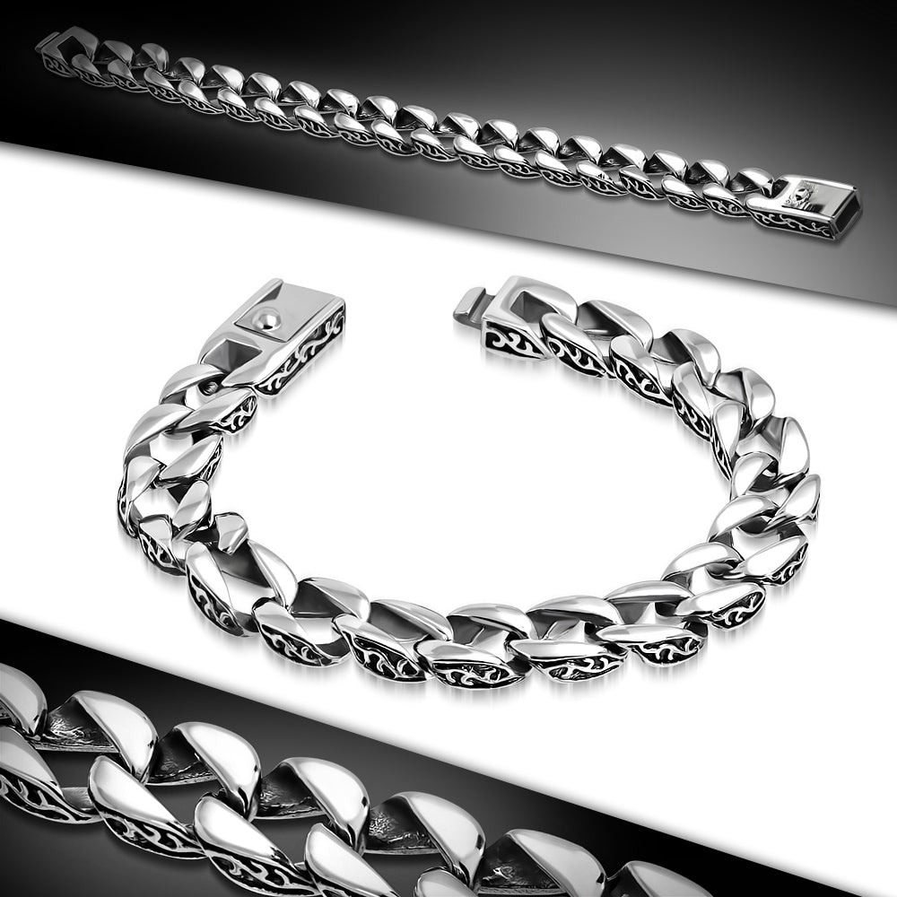 Bracelet Steel - 2-Tone Box Clasp Closure Spiral Vine Curb Cuban Link