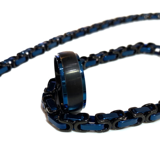 Men's Black and Blue Surgical Steel Ring