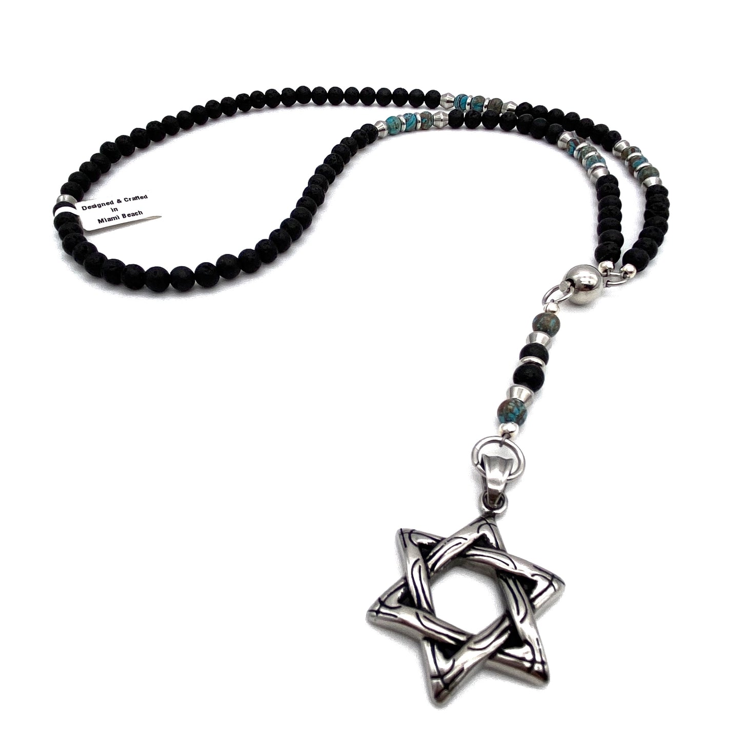 Rosary - Blue Calsilica Jasper with Lava stones and Star of David Pendant