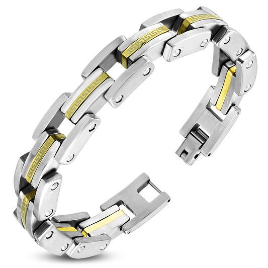 Bracelet Steel 2-Tone Greek Key Mens Link