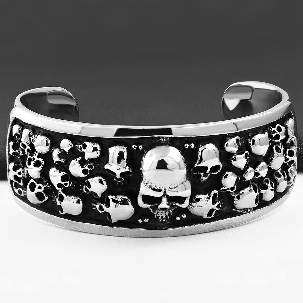 Bracelet Bangle - Steel Cluster Skulls Biker Cuff - XBA109