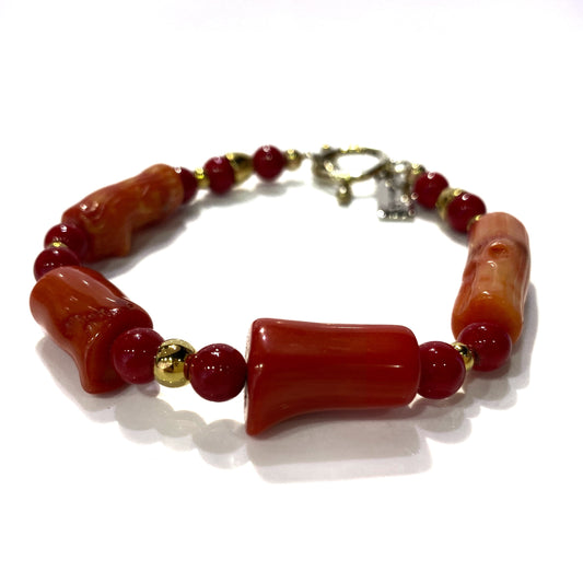 Bead Bracelet - Red Coral 8 inch long